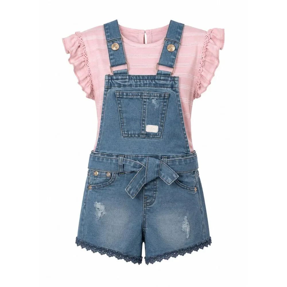 7 For All Mankind 24M Girls Denim Overall Short Set Pink Striped Flutter Sleeve